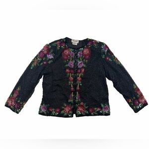 Womens Brilliante by J.A. Floral Sequin Silk Lined Formal Evening Cardigan Sz PL